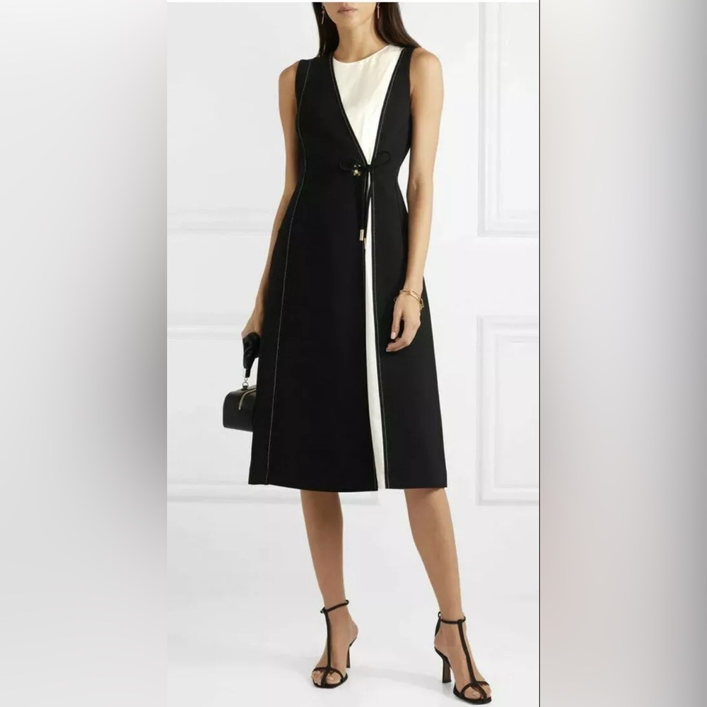 Tory Burch Black and White Sleeveless V-Neck Midi Dress